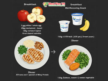 Thực Đơn Giảm Cân Hàng Ngày với trứng gà, yến mạch, sữa chua,gạo lứt,rau xanh, chuối và whey