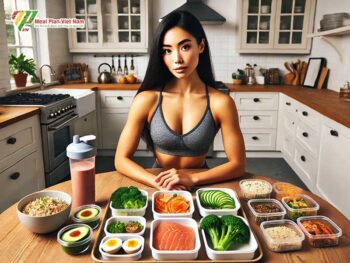 Thực đơn giảm mỡ tăng cơ cho nữ với các món ăn từ Việt Nam gồm cơm trắng, cá hồi, rau củ, trứng và các loại thịt